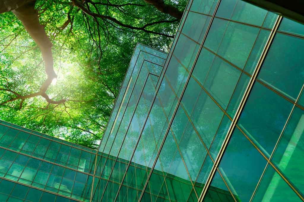 An eco-friendly glass building surrounded by trees