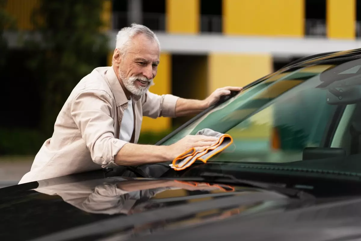 A smiling man wiping his car windshield with a microfiber cloth.