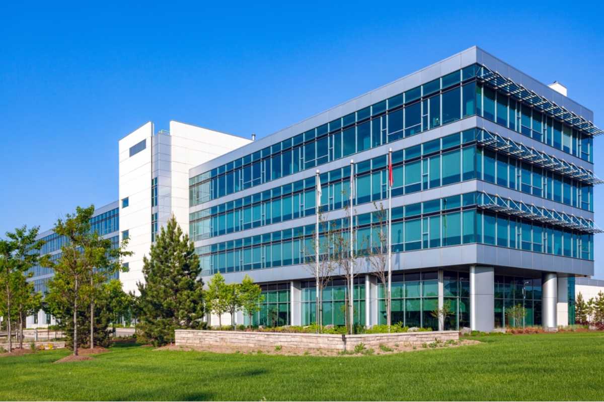 A four story modern office building.