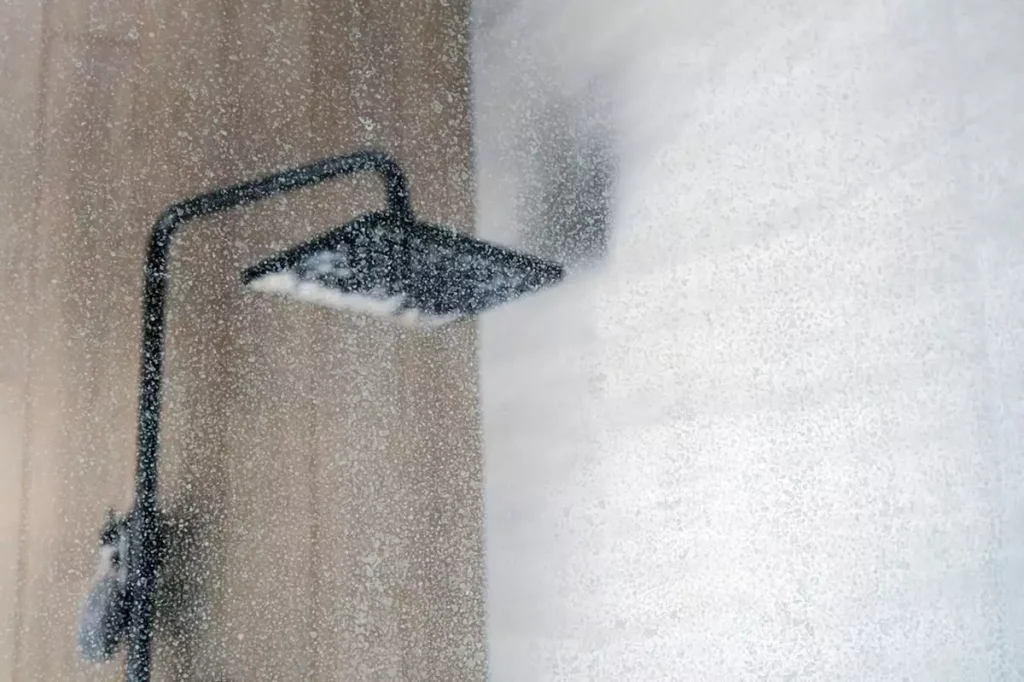 A shower glass clouded with limescale deposits.