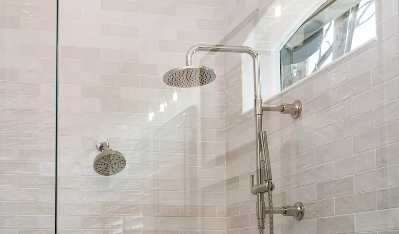 A luxury glass-enclosed shower.